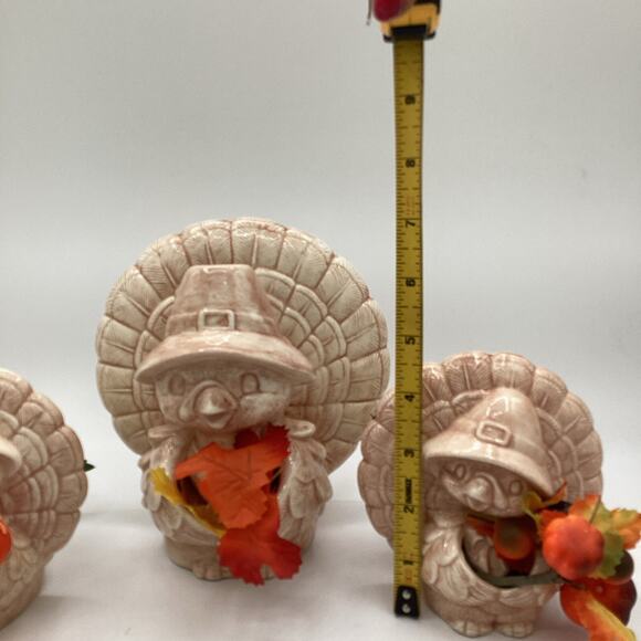 THANKSGIVING Turkey Figurines with Pumpkins and Fall Leaves Set of Three Vintage - Picture 5 of 5